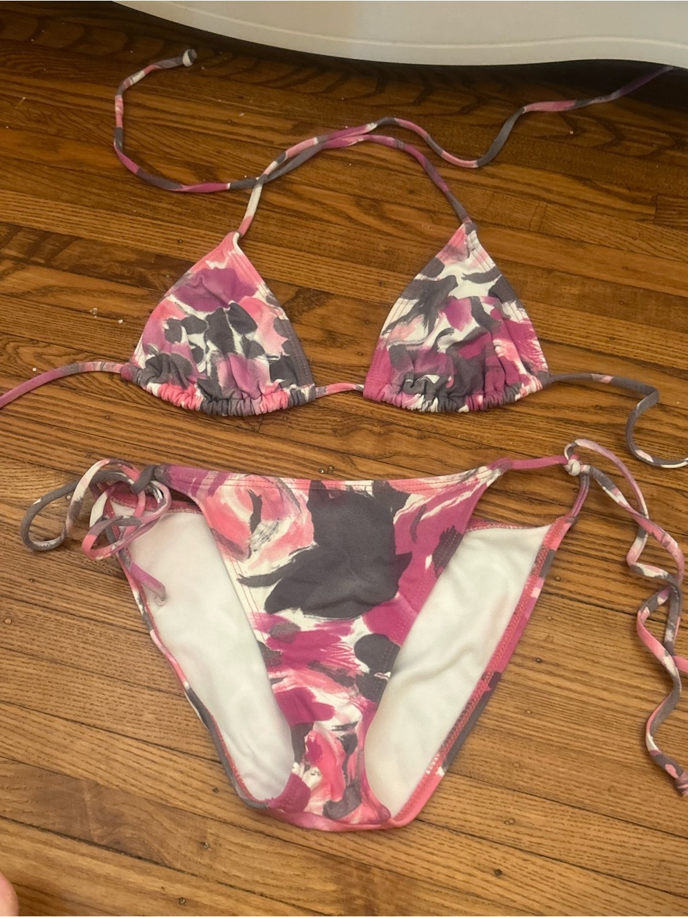 Frankie's Bikinis Pink and Gray Abstract Print Triangle Bikini
